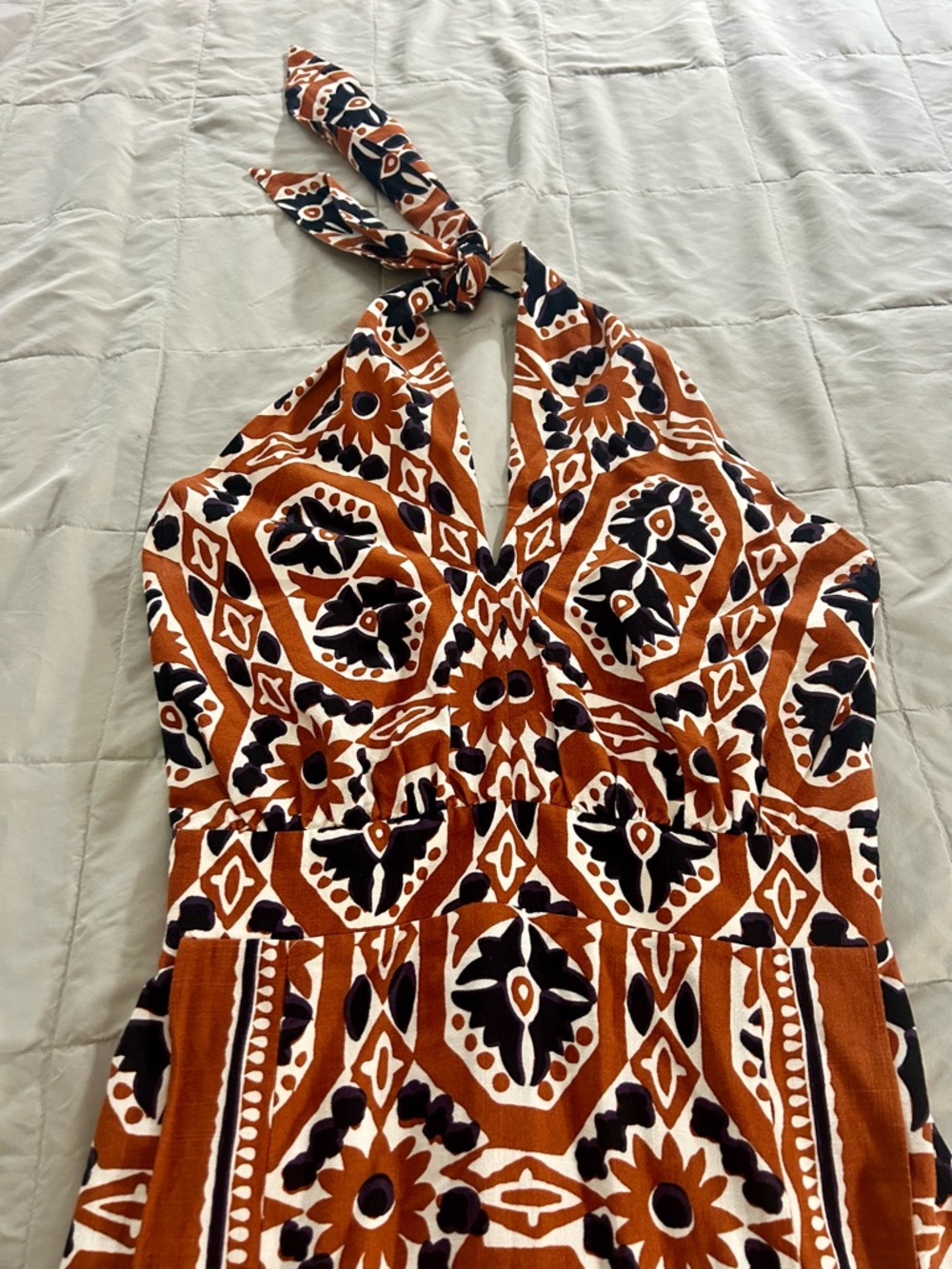 Sezane Alana Dress, Halter Midi Dress Size 42 / US 10, Rust Brown, Black, Cream - Picture 8 of 16
